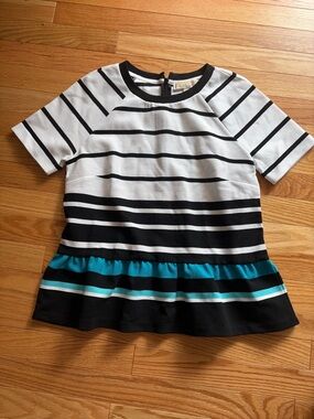 Michael Kors Woman’s Short-Sleeve Striped Peplum Top - Black, White & Teal
